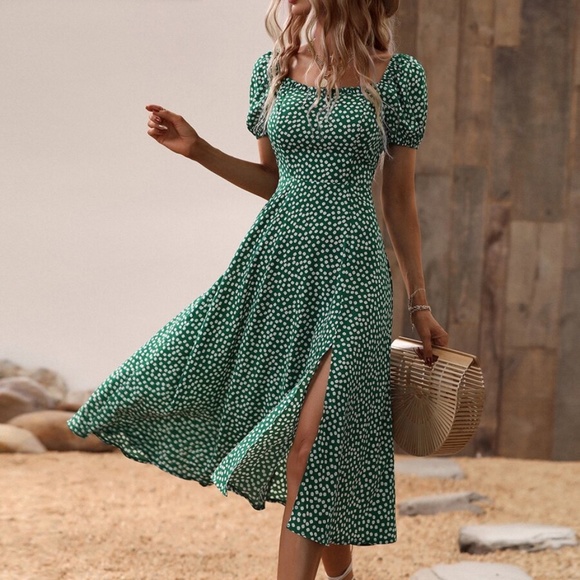 Red Boho Floral Print Puff Sleeve Slit Midi Dress - Picture 2 of 16